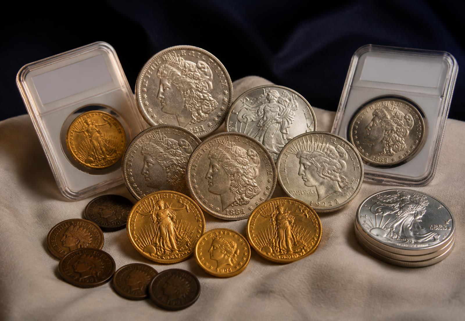 Morgan and Peace silver dollars with U.S. gold coins and graded certified coins